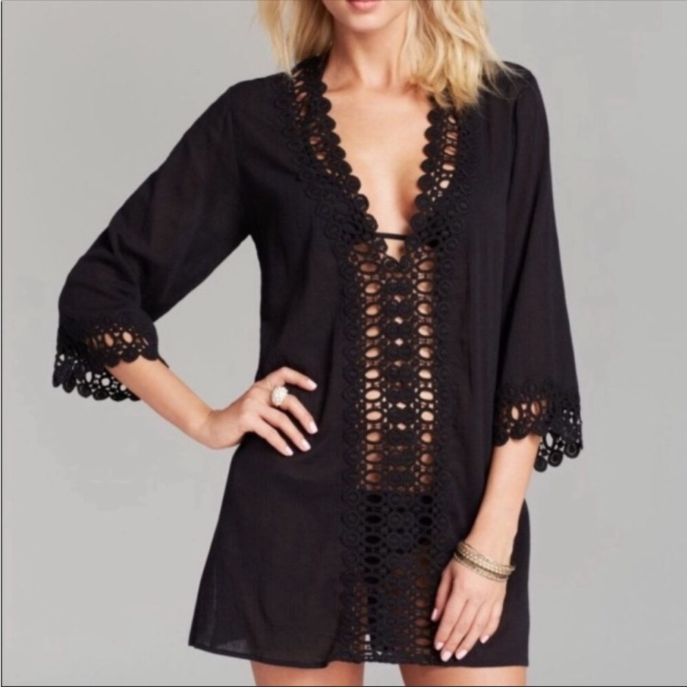 La Blanca Crochet Eyelet Swim Coverup Tunic Semi Sheer Black Size Small